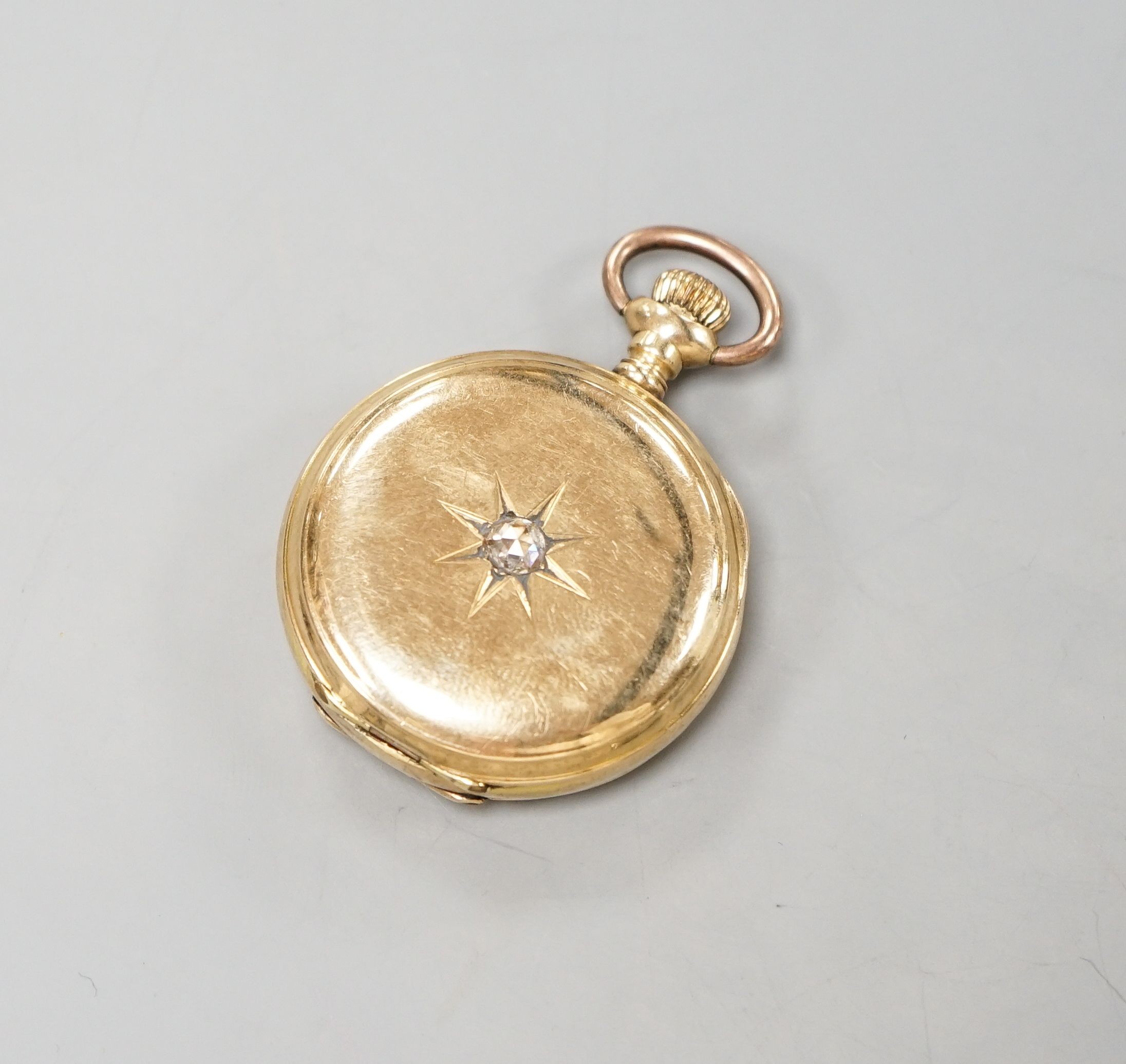 An early 20th century 14kt and rose cut diamond set Waltham hunter keyless fob watch